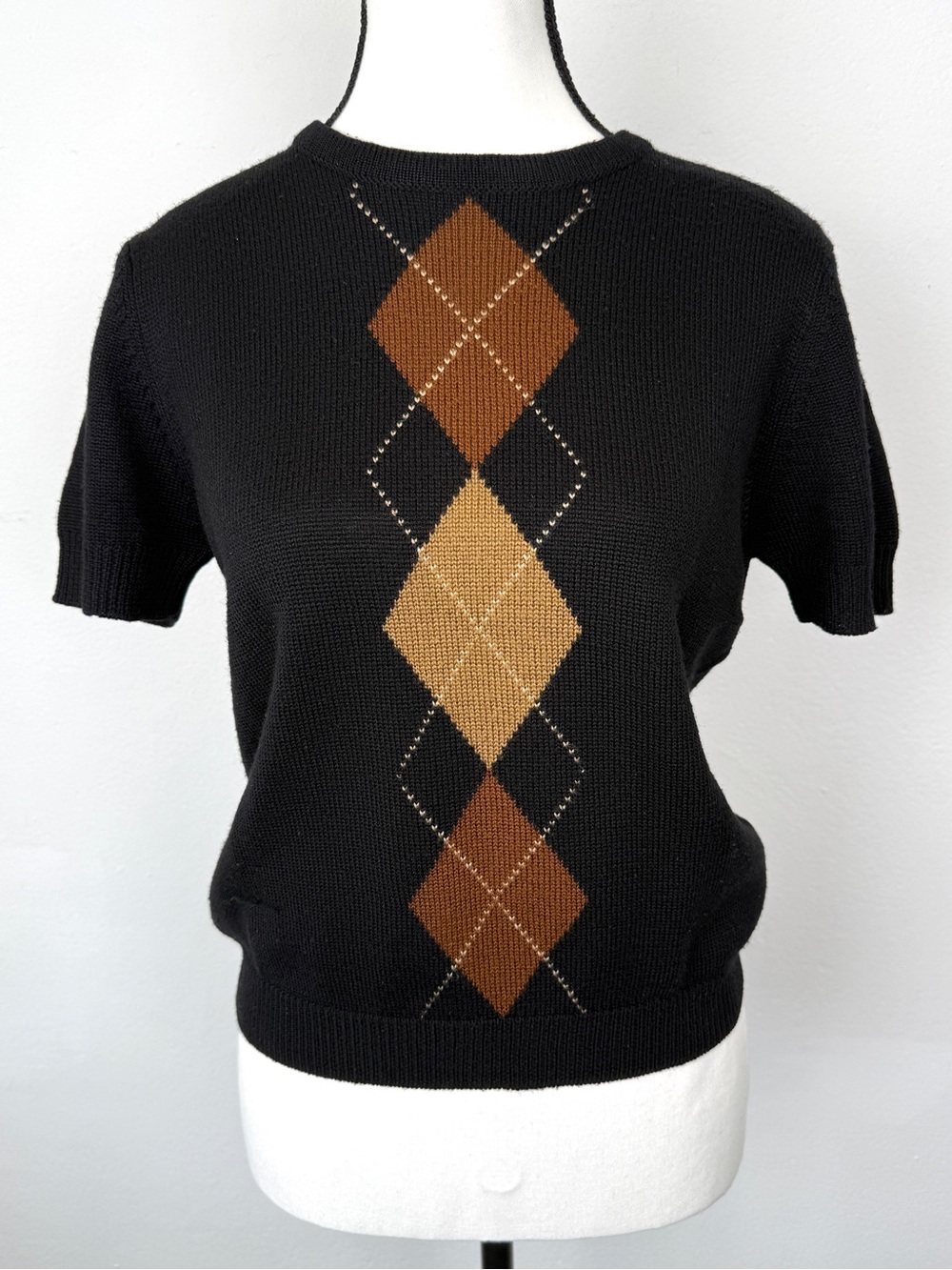 Vintage Kasper A.S.L. Size Small Wool Blend Argyle Short Sleeve Black Sweater